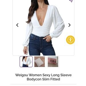 Weigou Women White Deep V Neck Long Sleeve Bodycon Bodysuit Ruched Waist Top